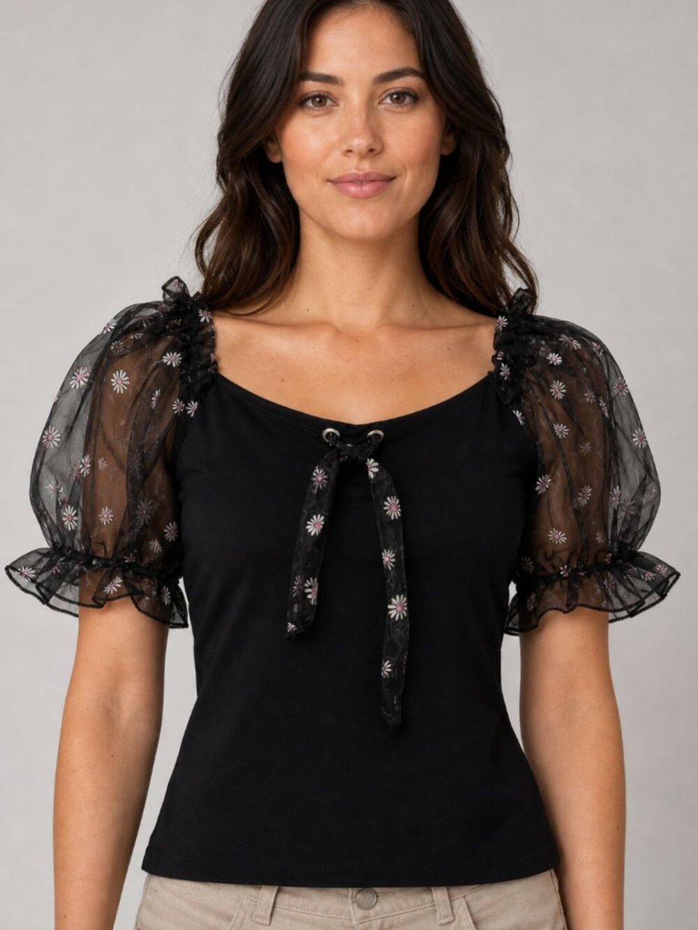 SKIN Black Floral Sheer Puff Sleeve Top Tie Front Size Large